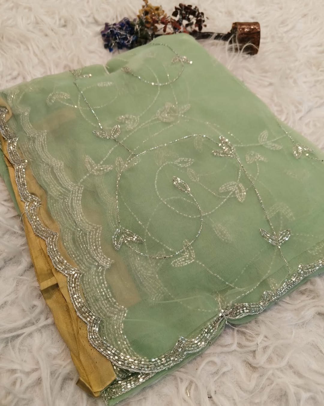 Crystal tissue saree with handwork