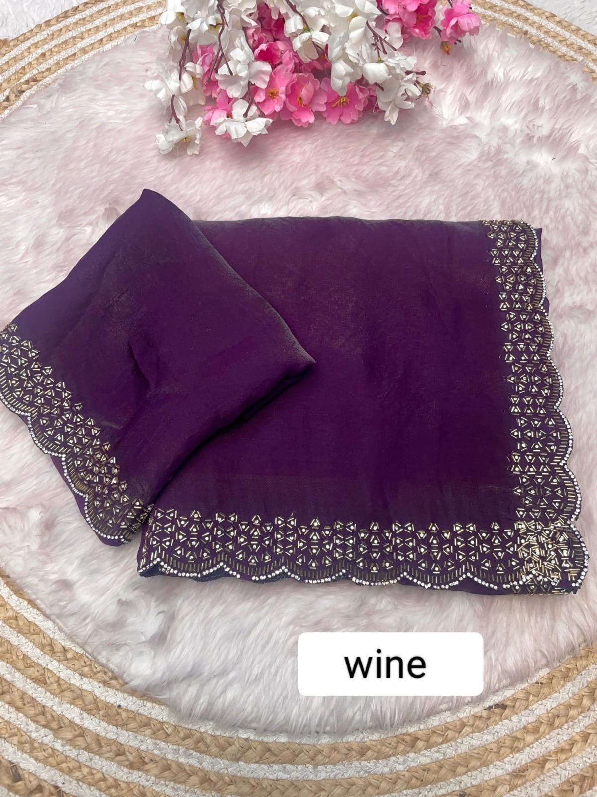 Fendy Sattin Saree With Beautiful Cut Dana with heavy jarkan work