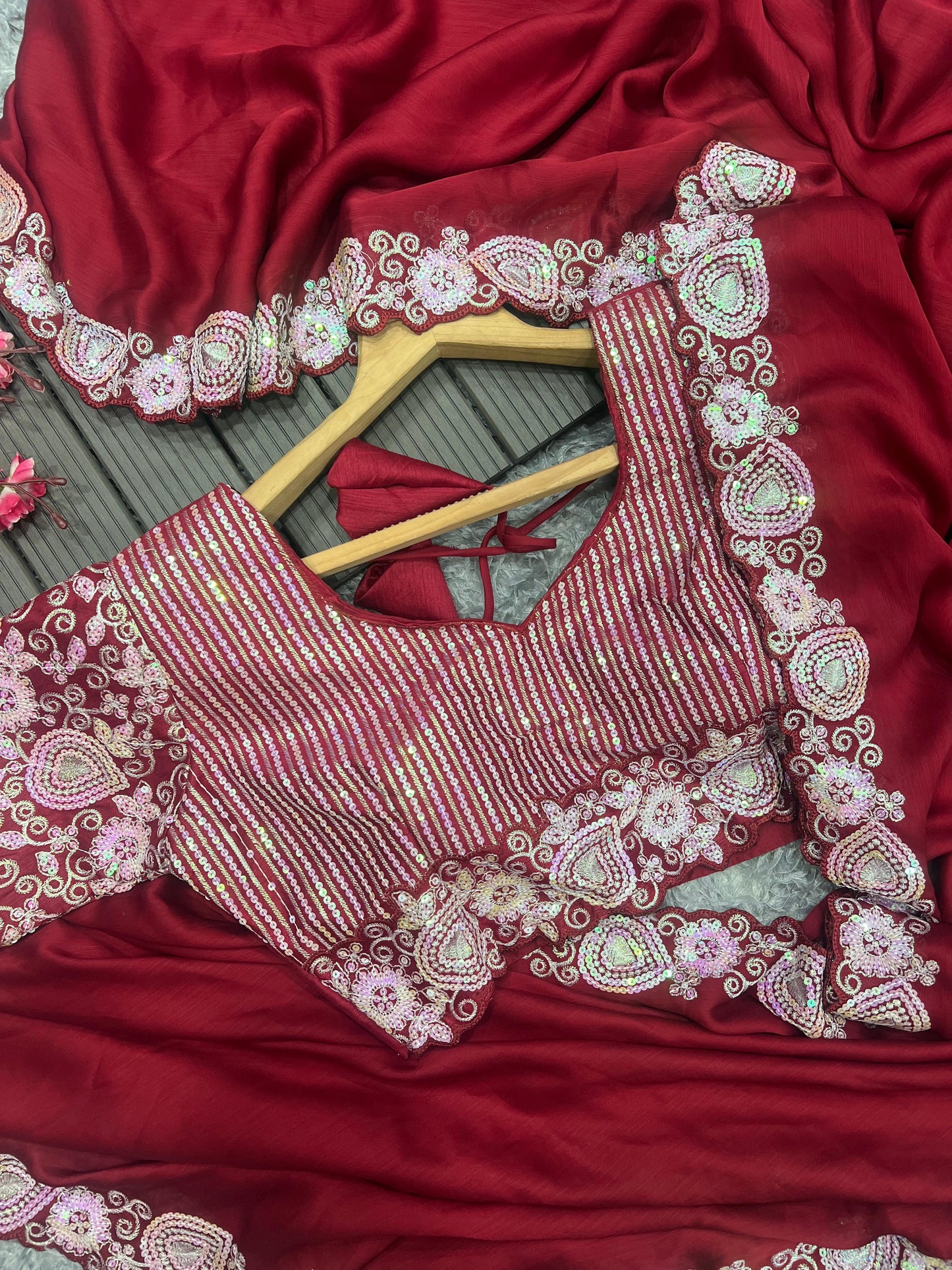 Satin Chiffon saree with Sequins embroidery work