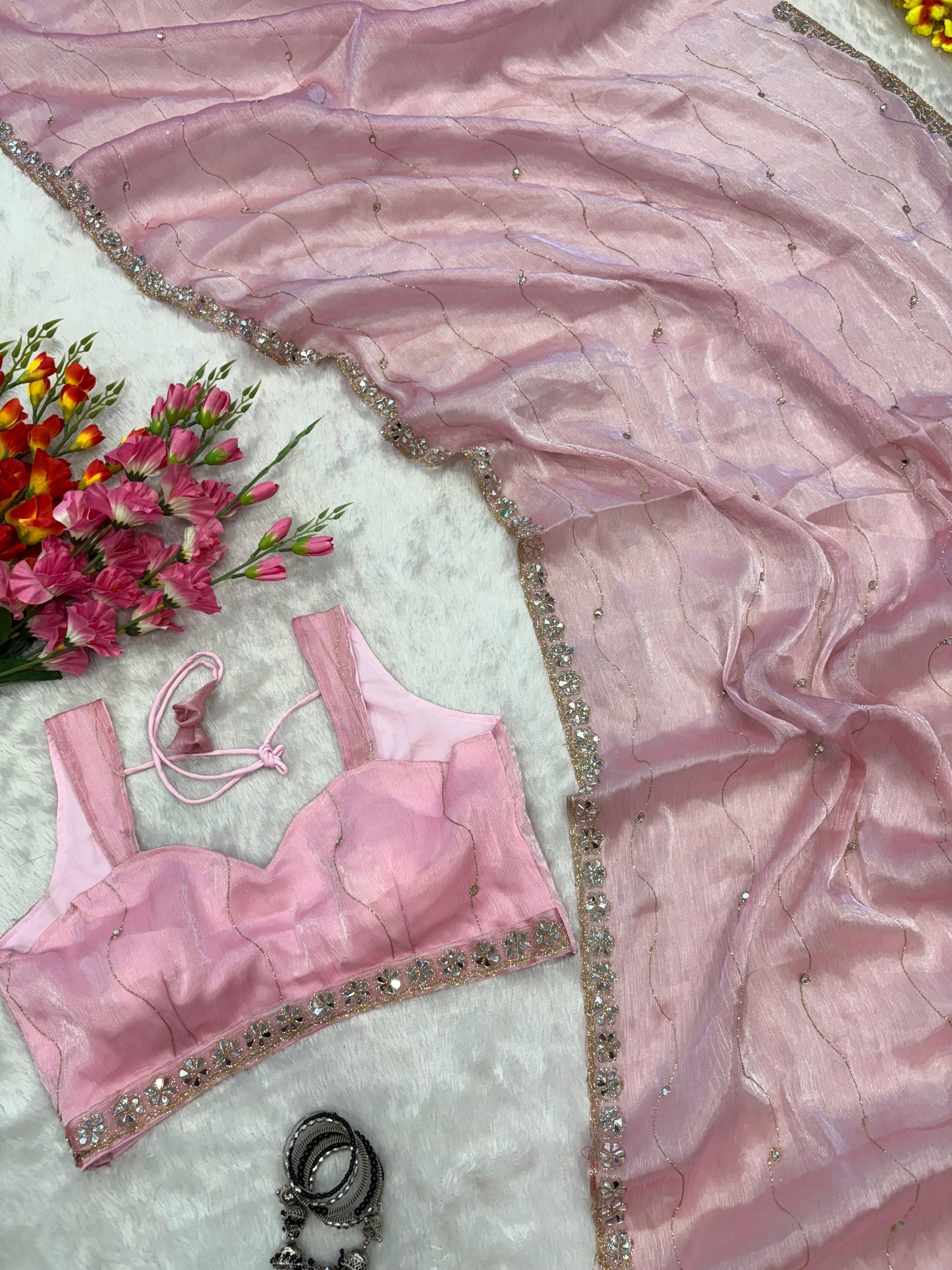 Jimmy Chu Silk Embellished With Beautiful Glitter Dori Work And Real Mirror Work