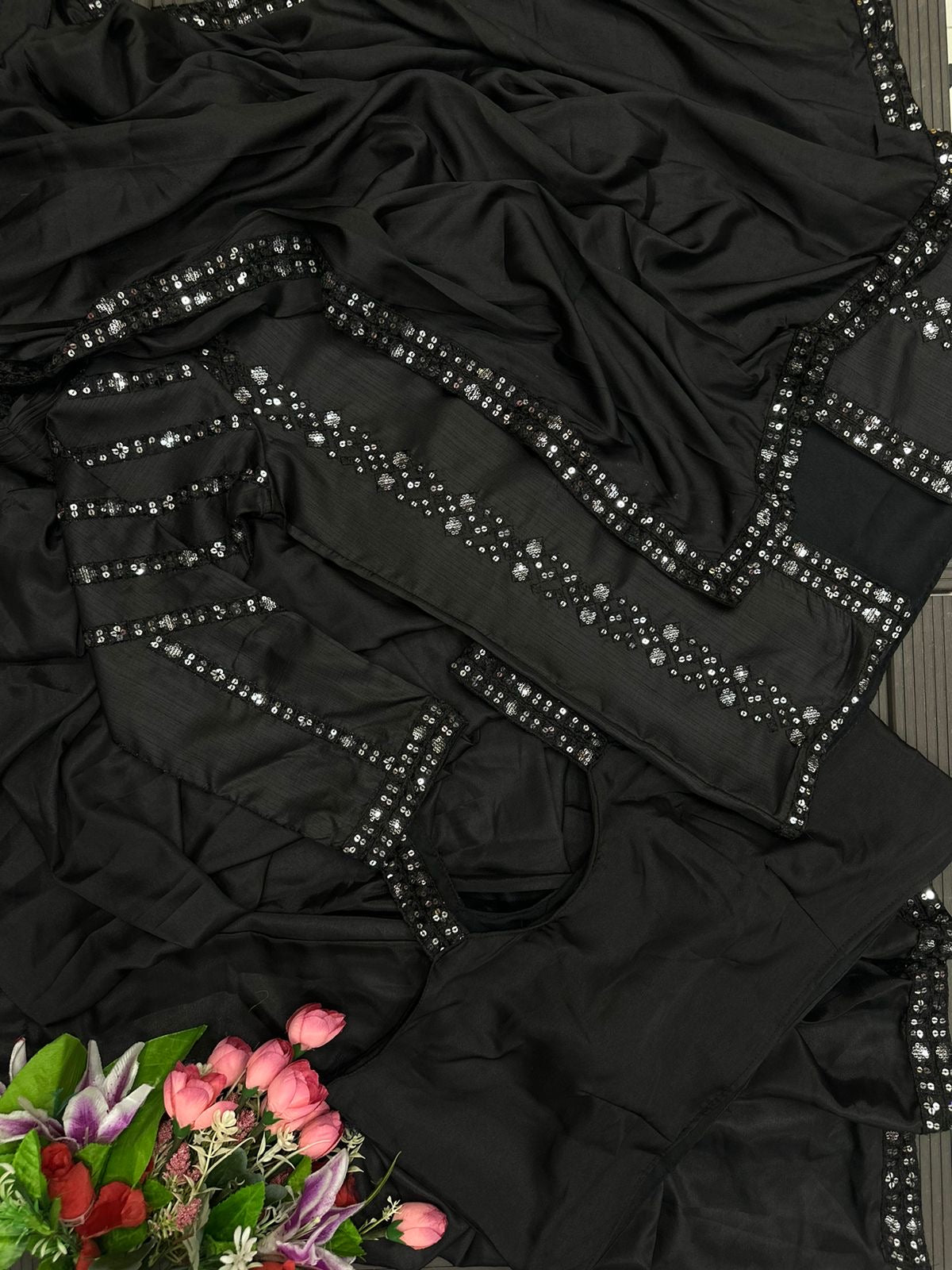 Embroidery Sequence work ready to wear saree with full koti