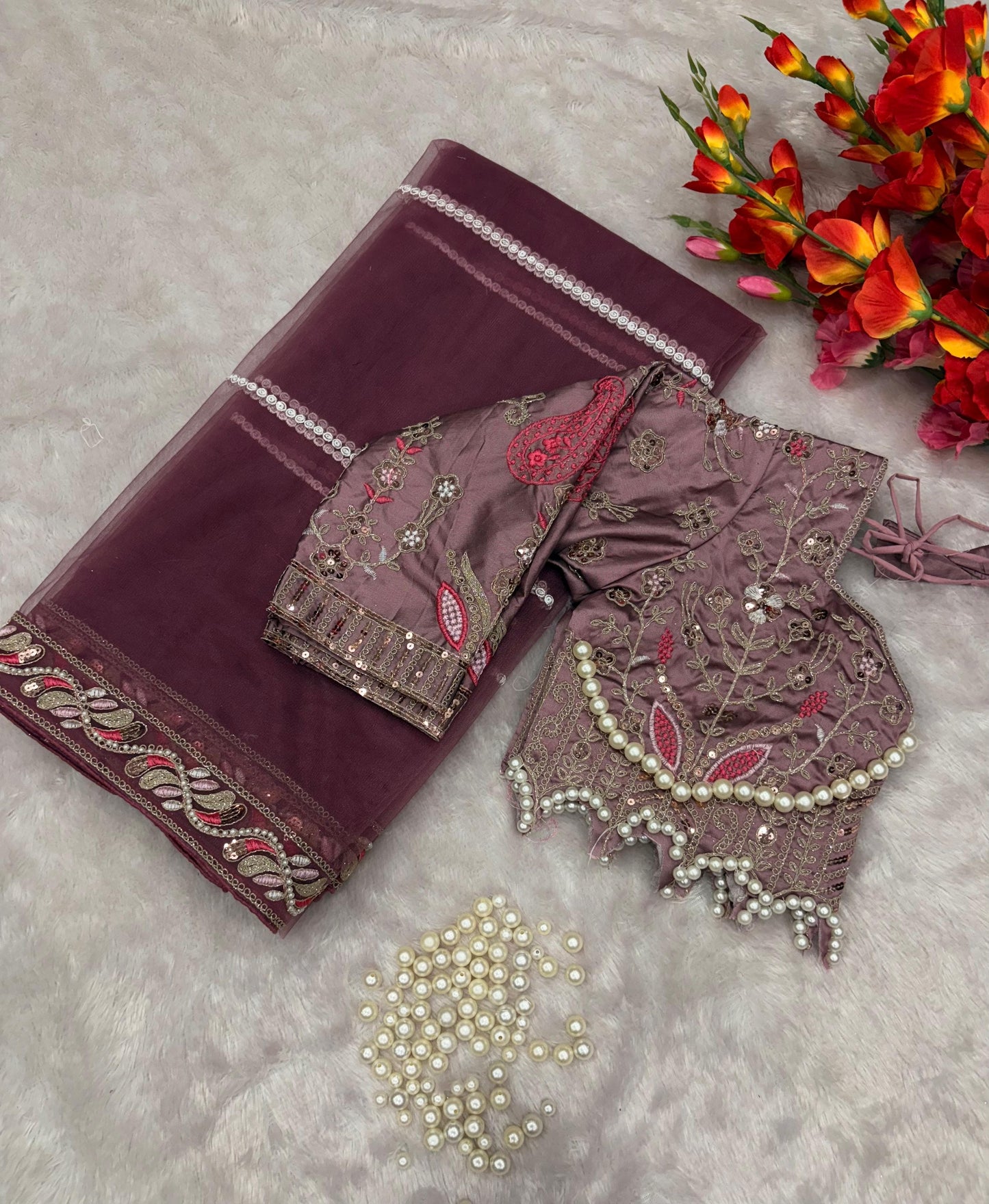 Premium Net Embellished With Beautiful Embroidery,Dori And Sequins