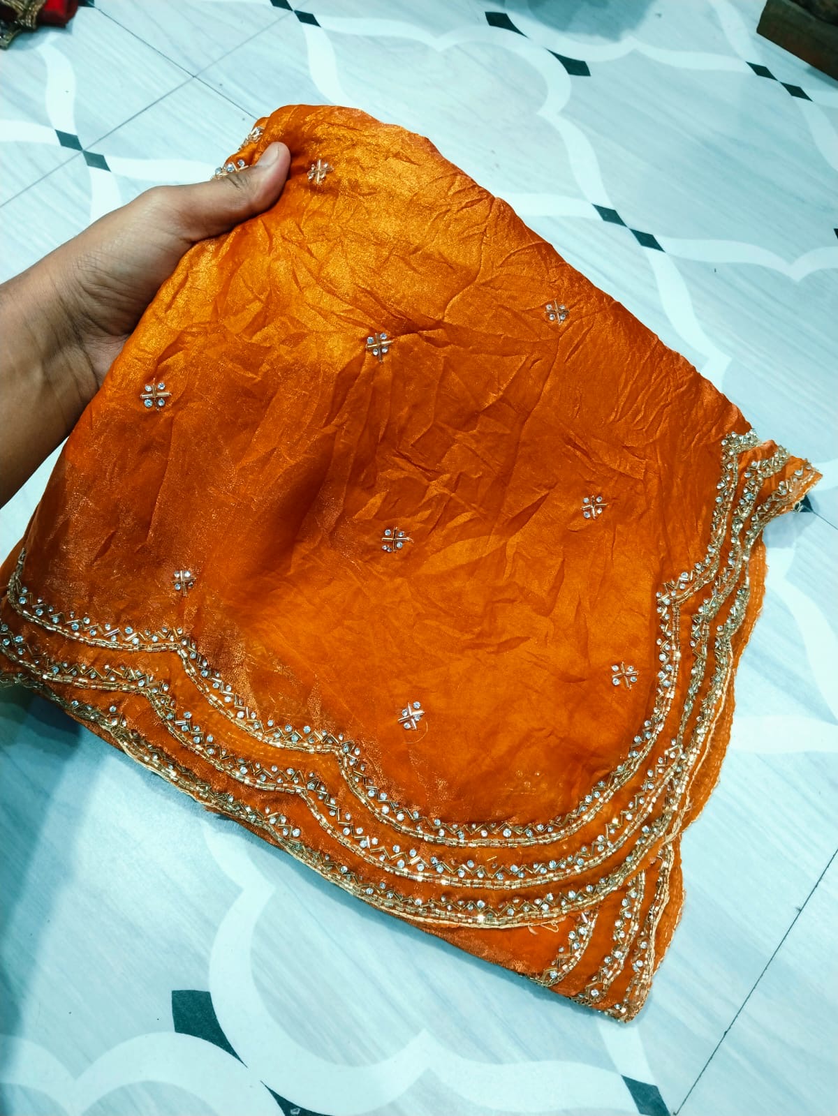 Fendi saree with diamond stone Lehriya border design Saree