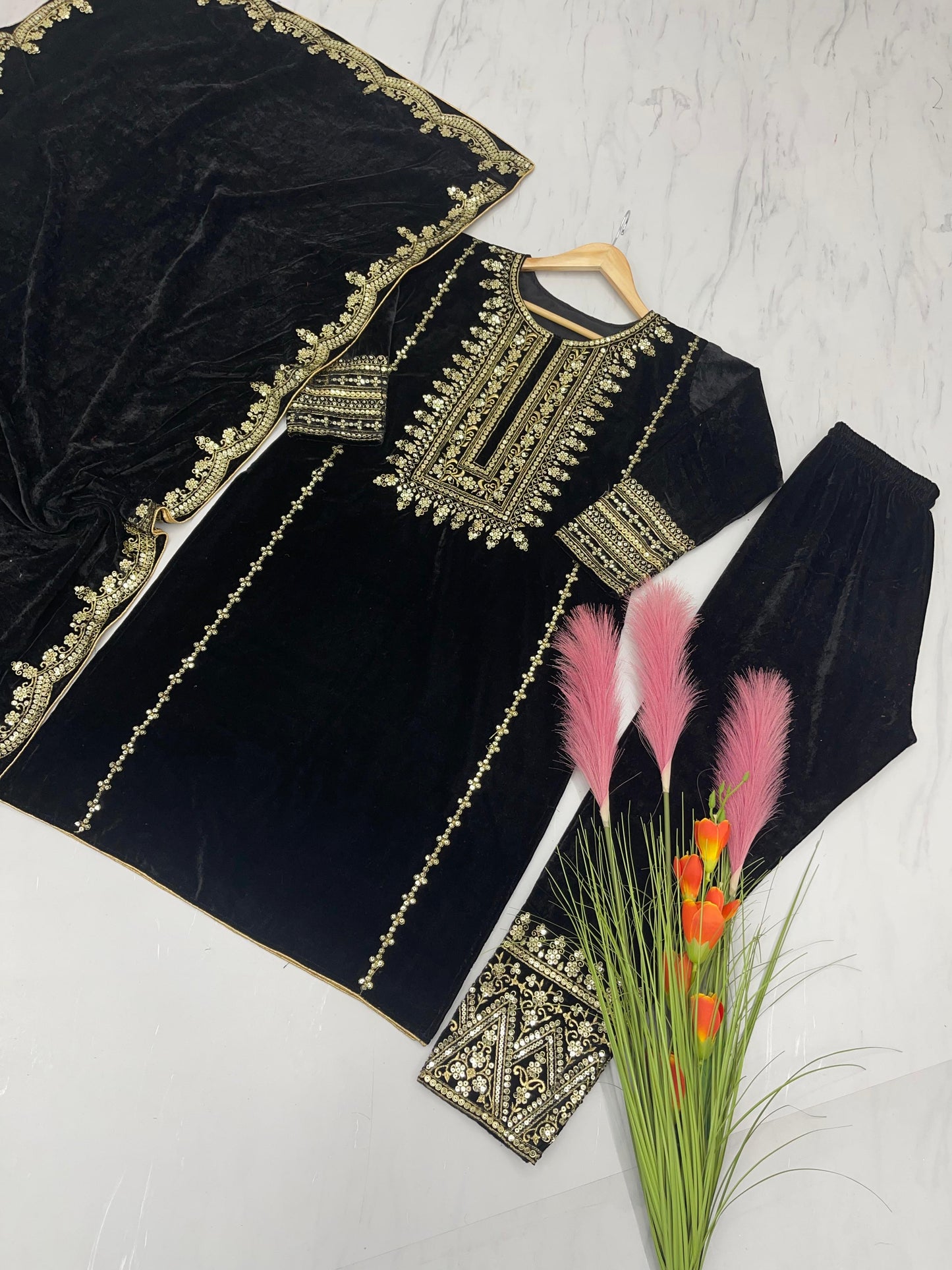 Viscose Velvet With Embroidery suit set