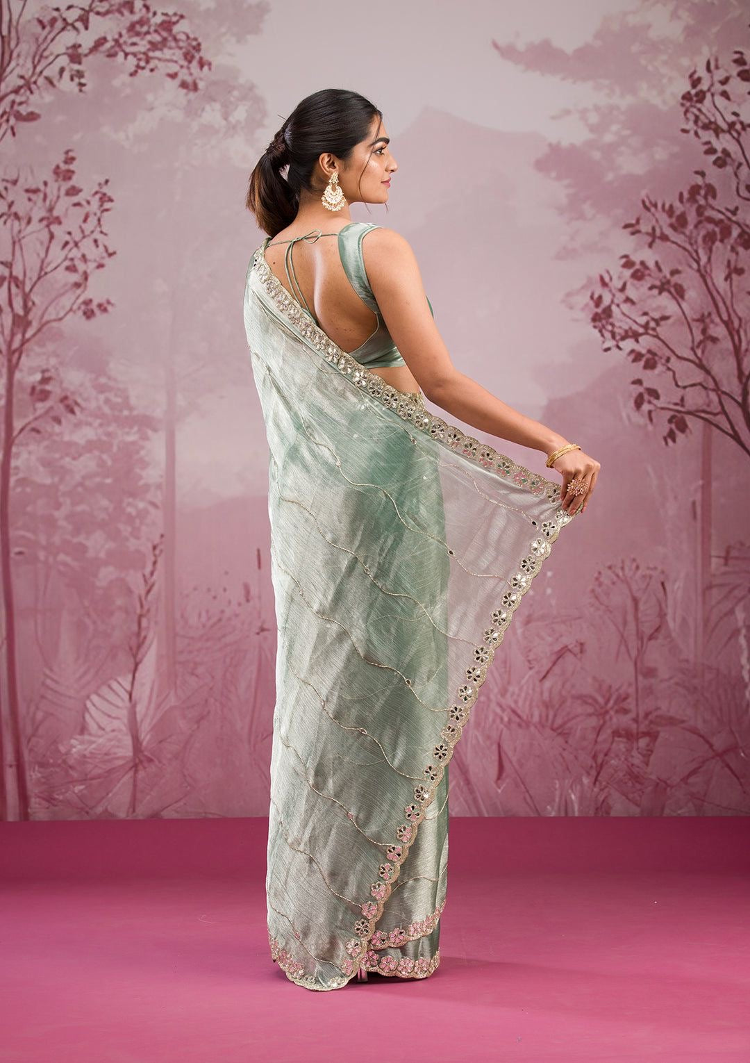 Jimmy Chu Silk Embellished With Beautiful Glitter Dori Work And Real Mirror Work