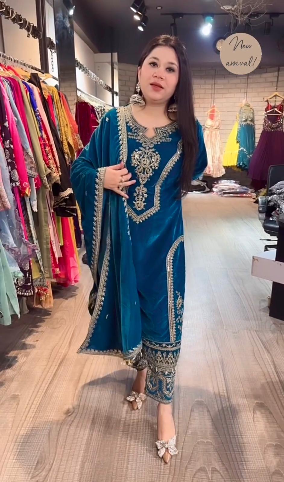 Viscose Velvet Top Plazzo & Dupatta Set