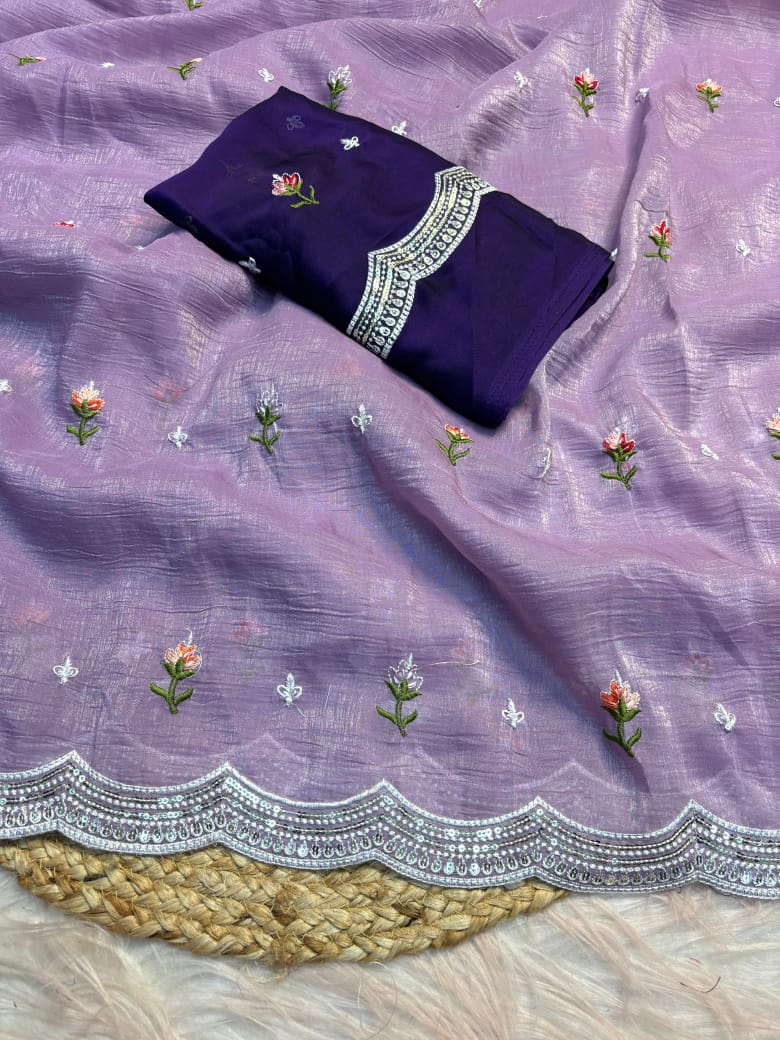 Crunchy Chiffon Multi Embroidery Work Saree