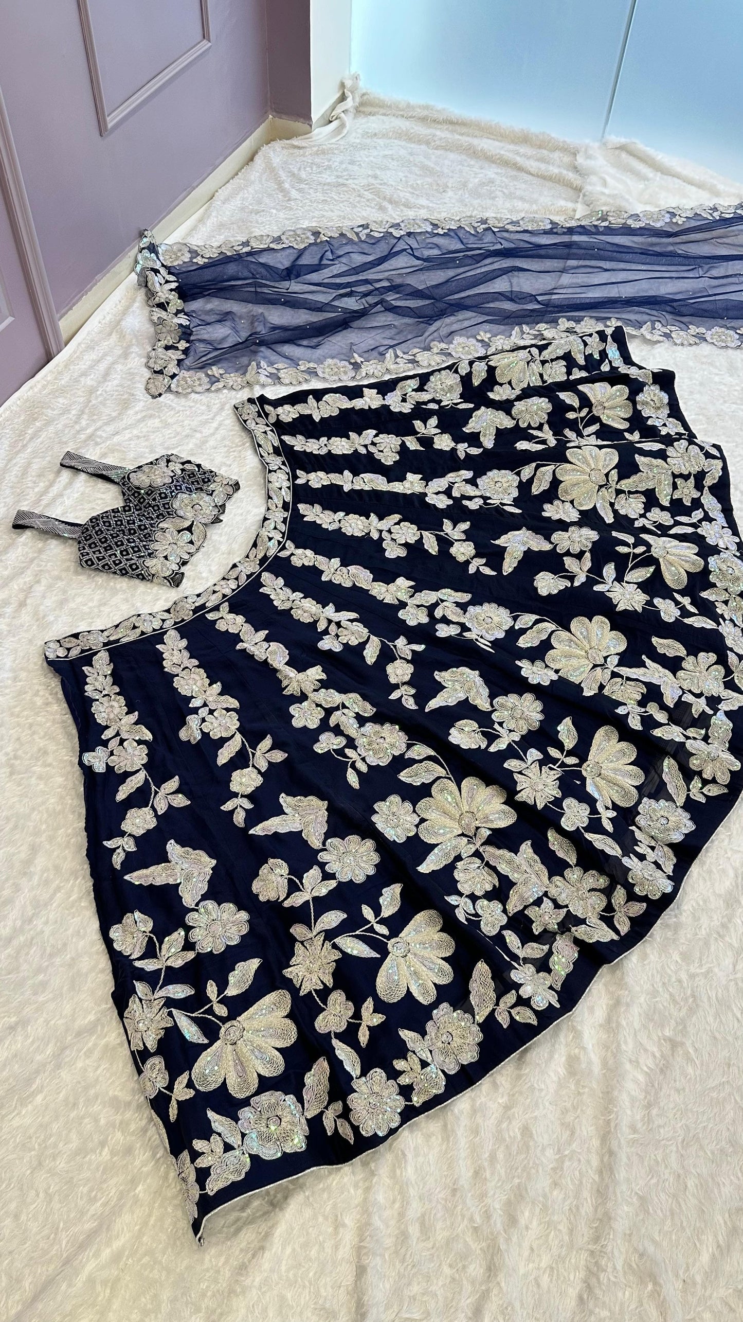 Kasturi Silk georgette lehenga with rainbow sequins & Dori work