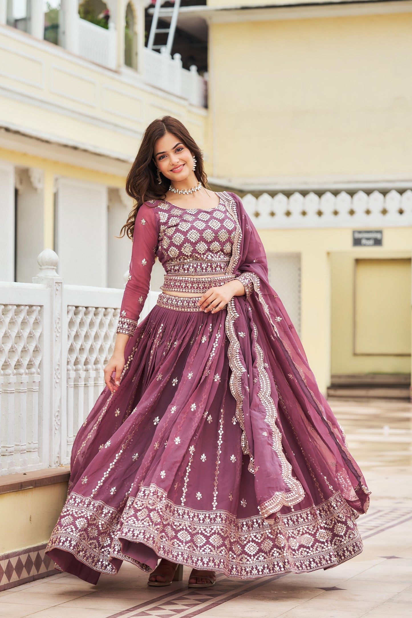 Georgette Lehnga chilli Dupatta with belt