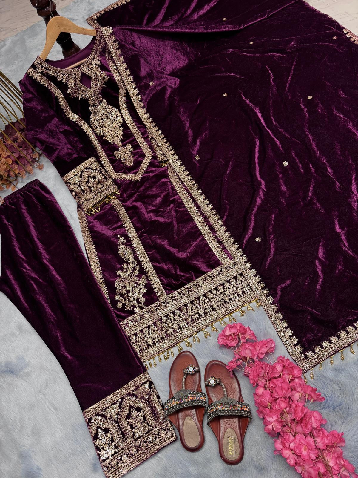 Viscose Velvet Top Plazzo & Dupatta Set