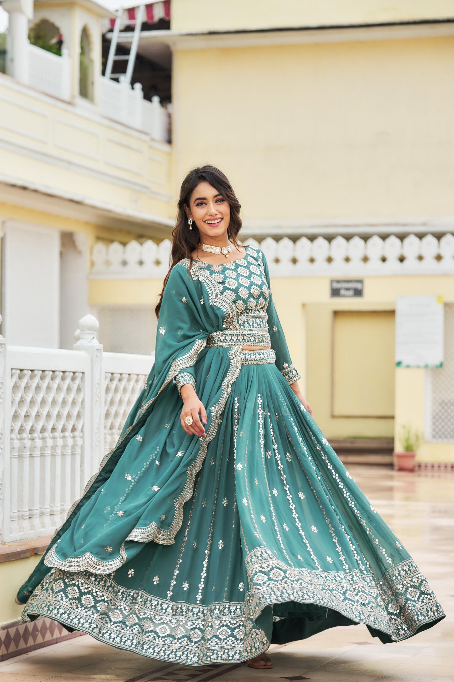 Georgette Lehnga chilli Dupatta with belt
