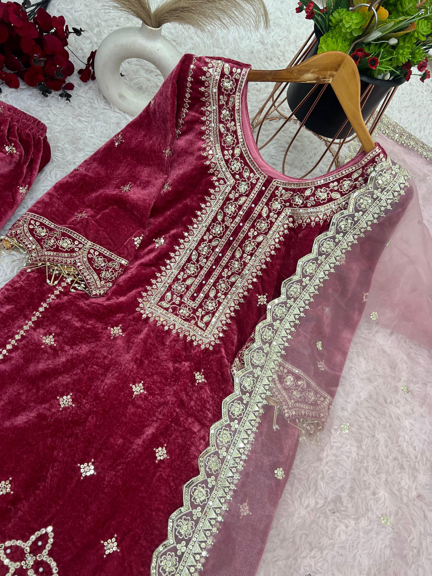 Party Wear Viscose Velvet Designer Look Top-Dupatta and Fully Stiched Bottom