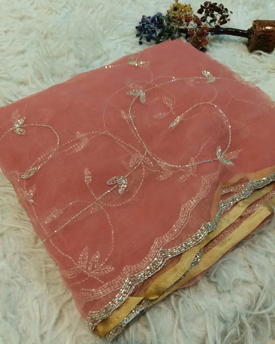 Crystal tissue saree with handwork