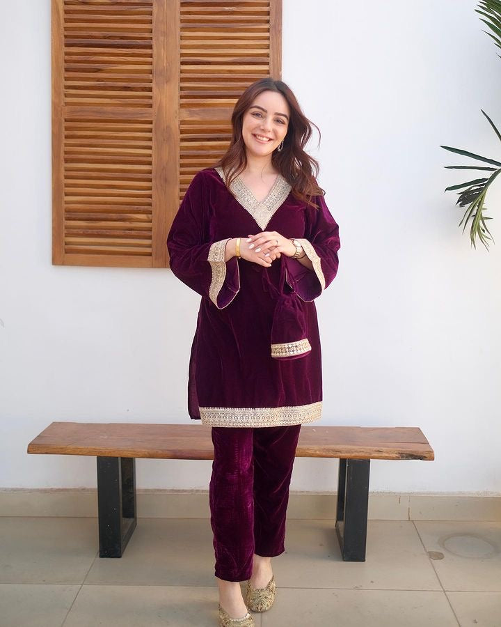 Maroon Velvet Suit Set