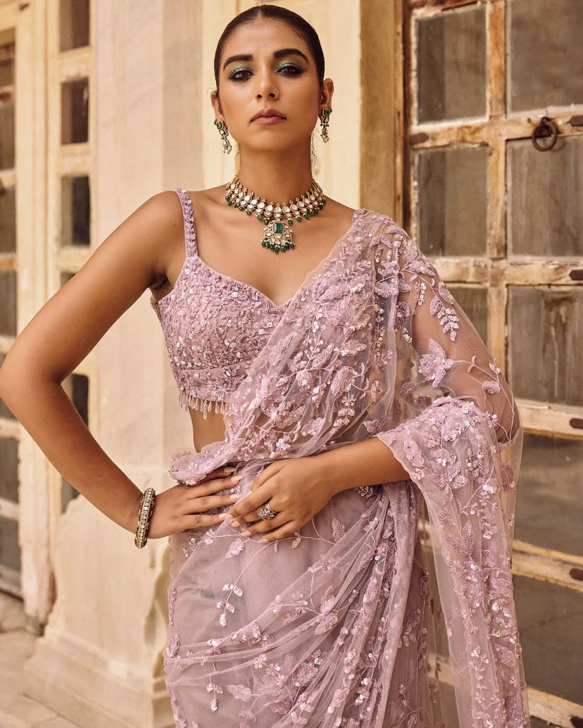Pink net saree
