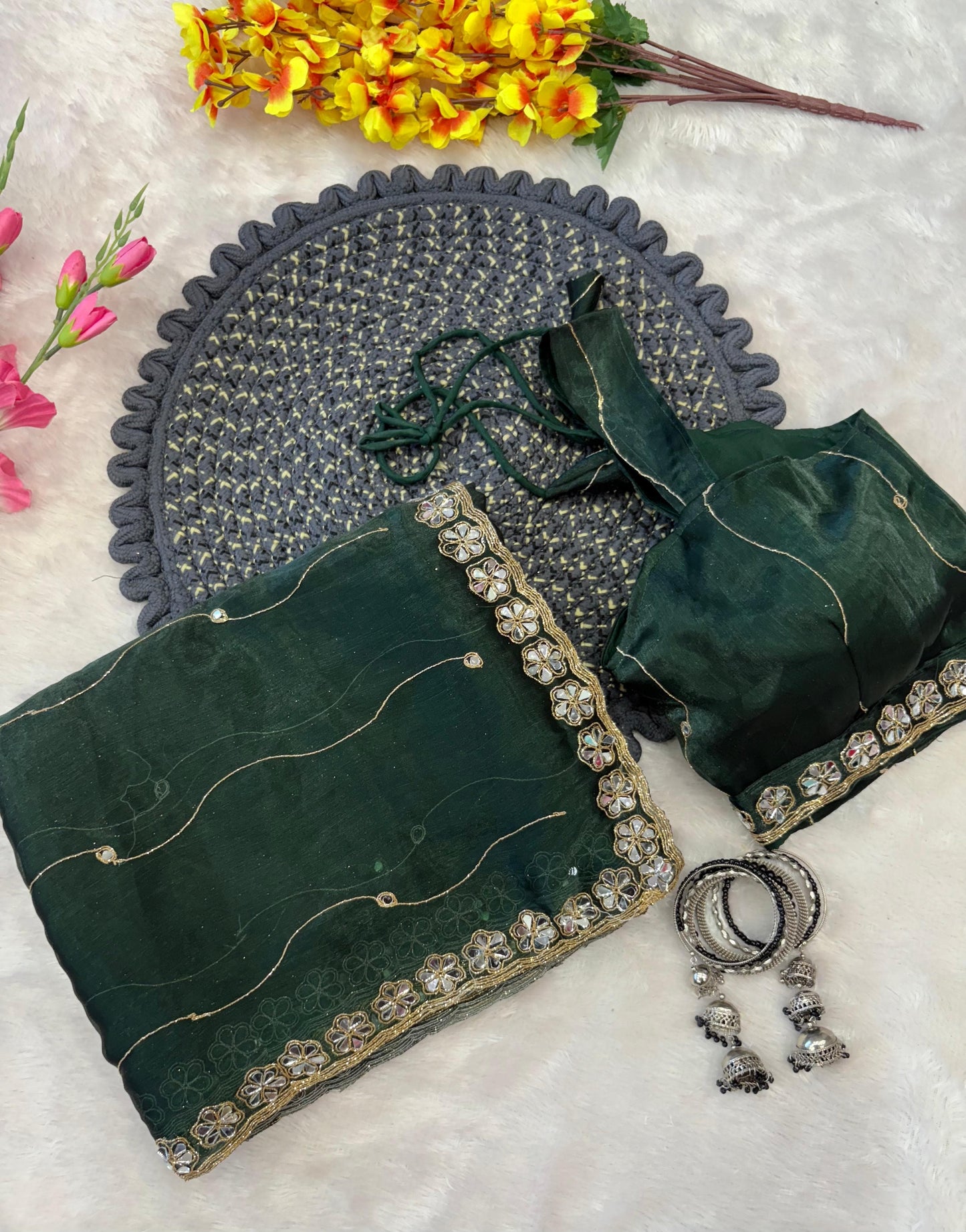 Jimmy Chu Silk Embellished With Beautiful Glitter Dori Work And Real Mirror Work