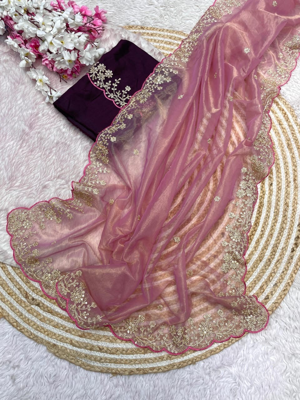 Twill Net Fabric with Attractive Thread Work & Sequnce
