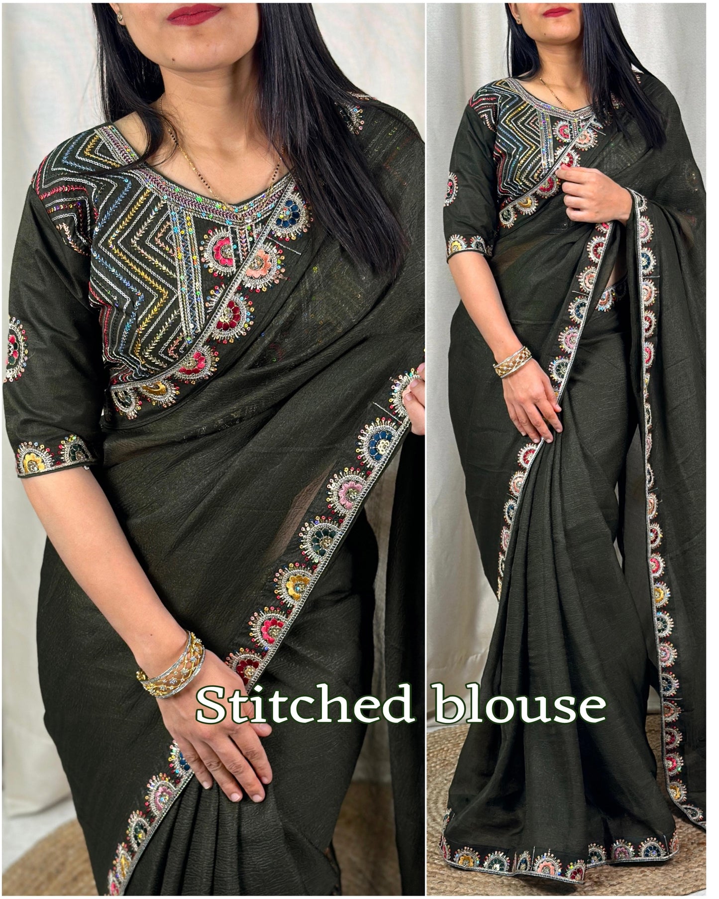 solid crush effect saree with Embroidered lace & stitched blouse