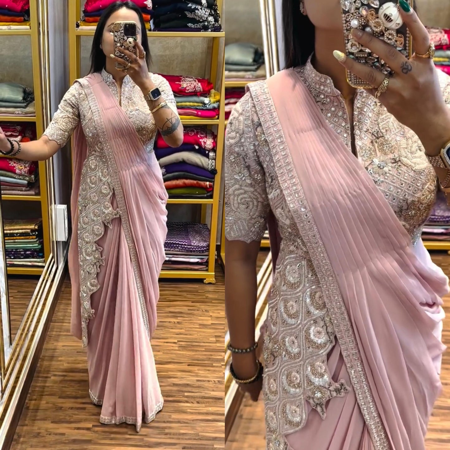 READY TO WEAR SAREE WITH FULLY EMBROIDERED STYLIST BLOUSE ON CHINON FABRIC