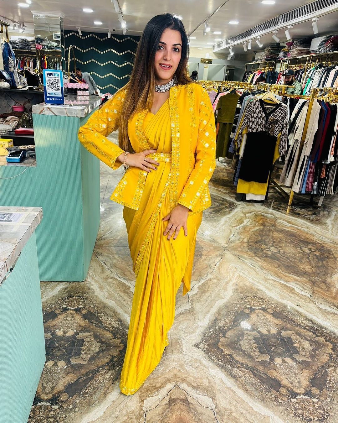 Embroidery Sequence work ready to wear saree with full koti