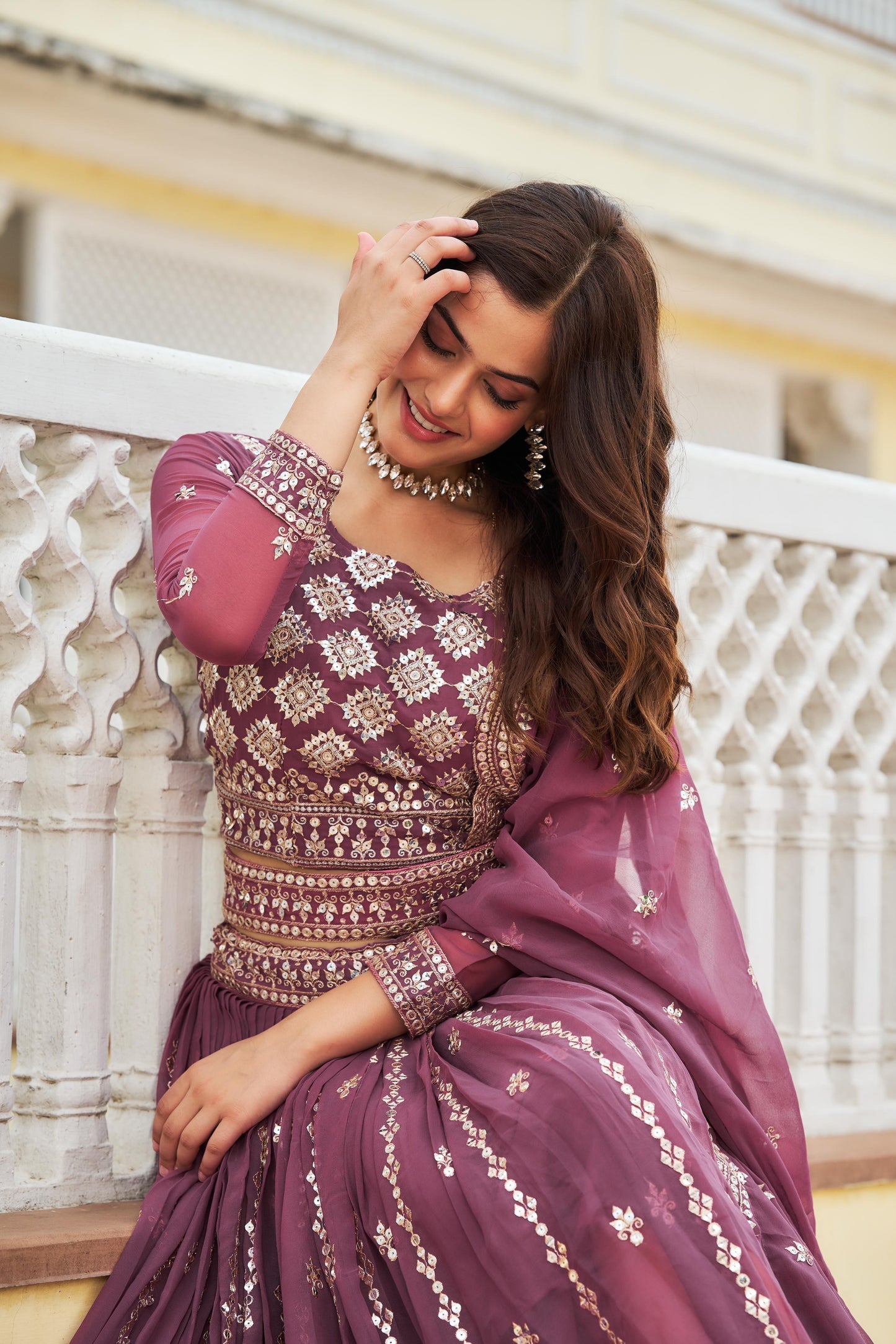 Georgette Lehnga chilli Dupatta with belt