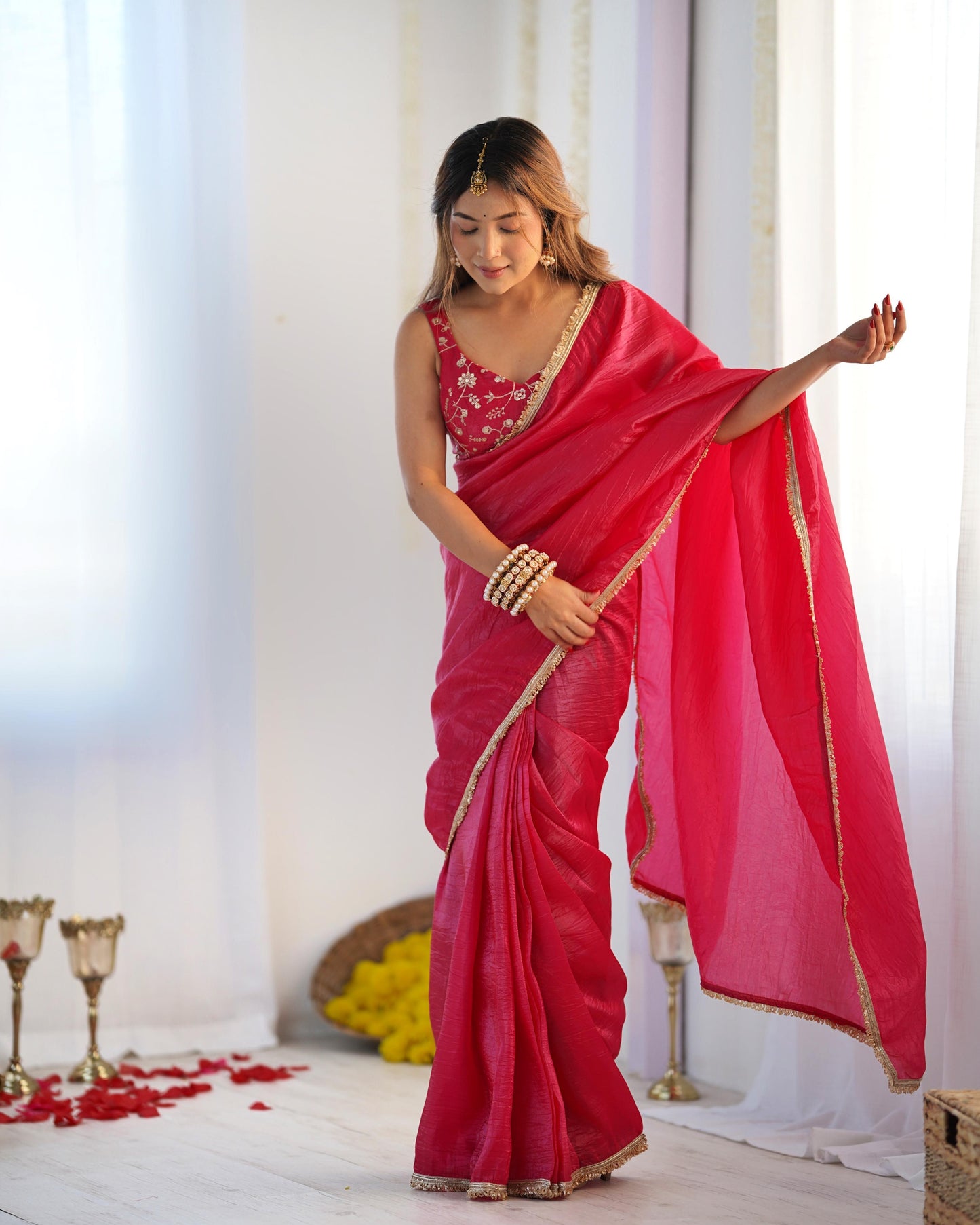 READY TO WEAR PREDRAPPED SAREE WITH FULL STTICHED BLOUSE PREMIUM GOLD CRUSH TISSUE SILK FABRIC