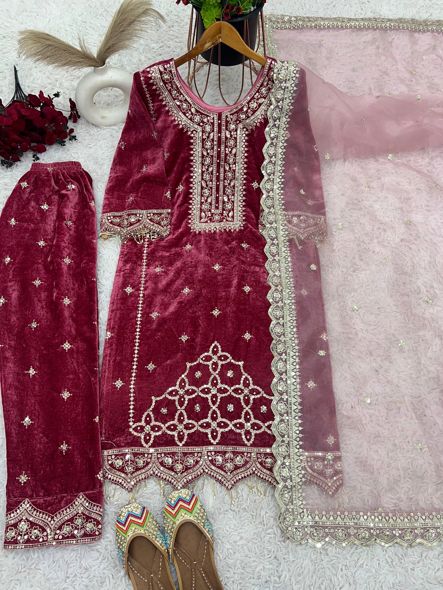 Party Wear Viscose Velvet Designer Look Top-Dupatta and Fully Stiched Bottom