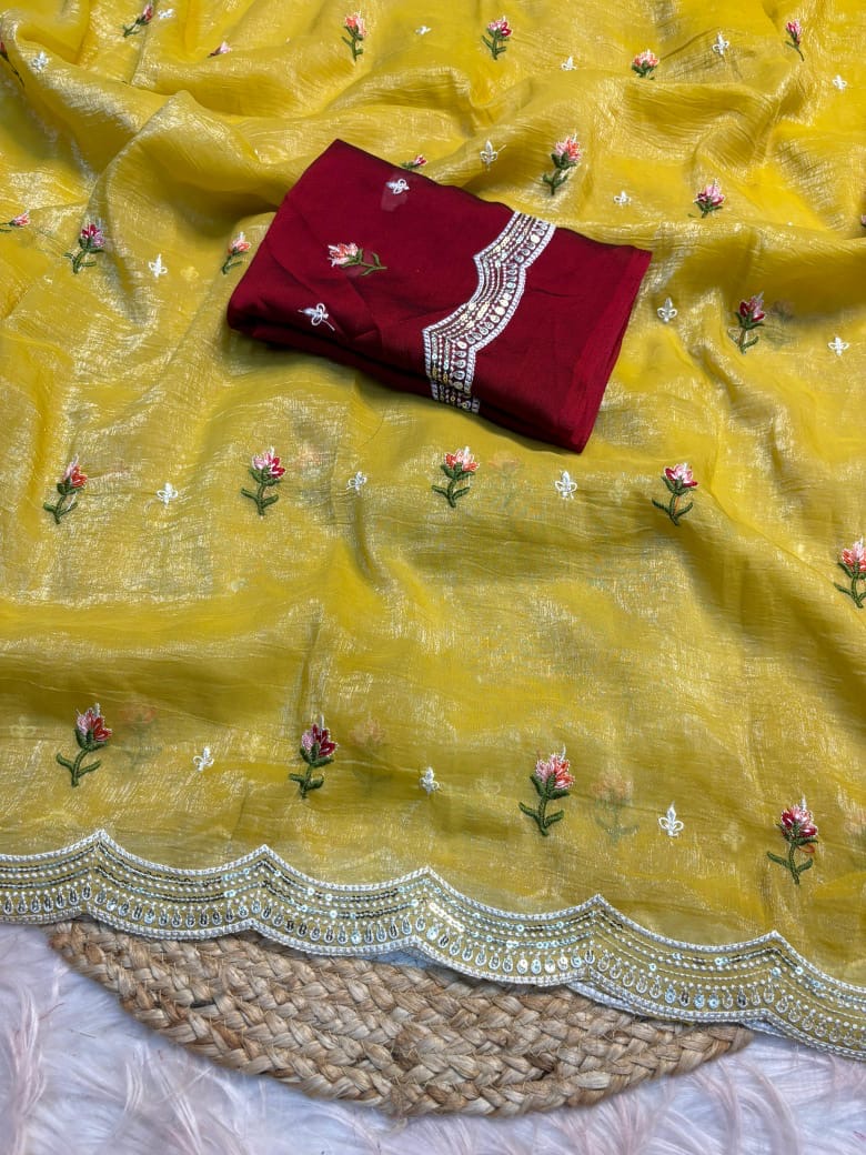 Crunchy Chiffon Multi Embroidery Work Saree