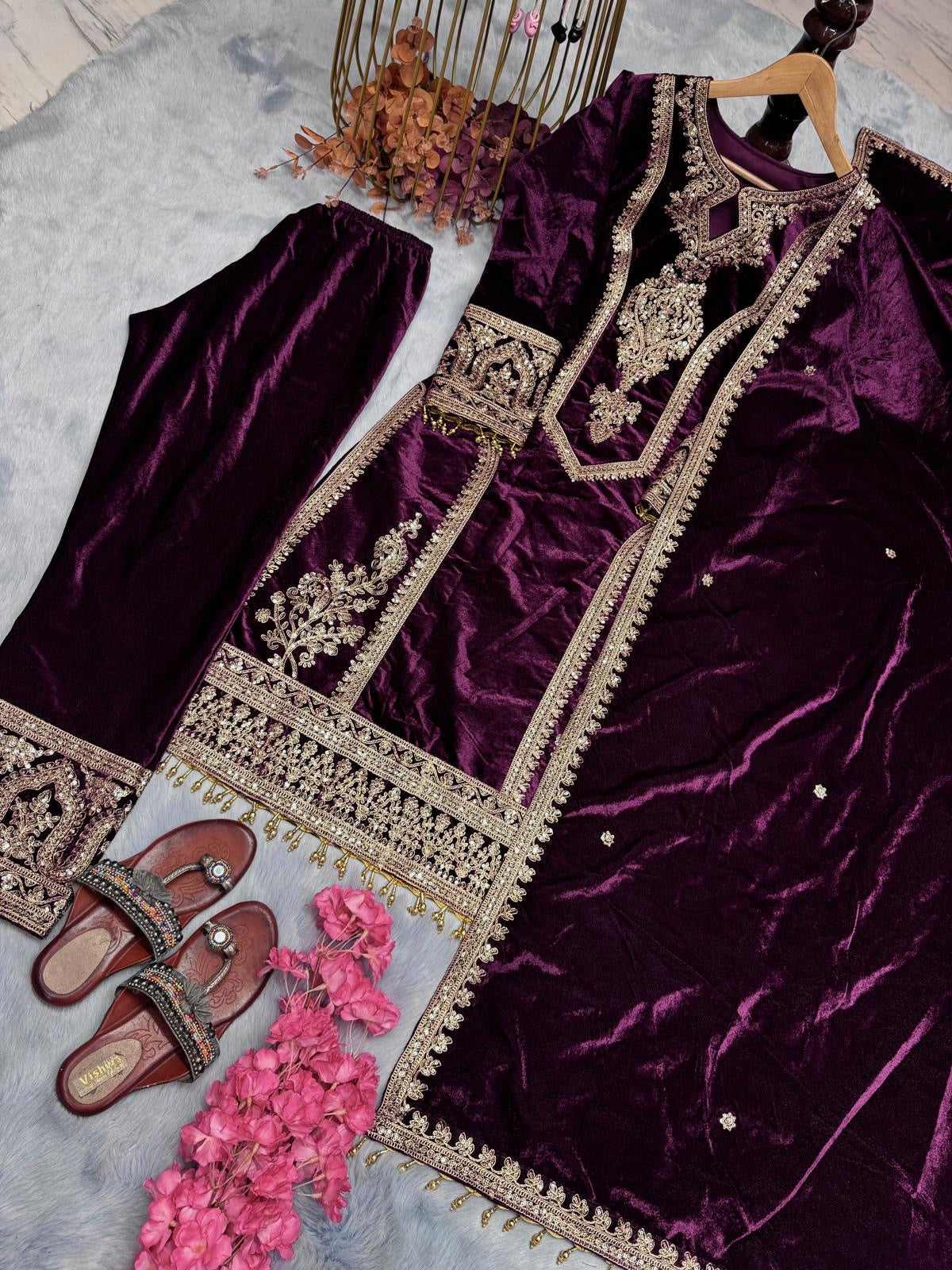 Viscose Velvet Top Plazzo & Dupatta Set