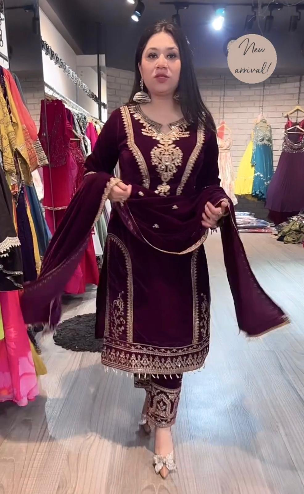 Viscose Velvet Top Plazzo & Dupatta Set