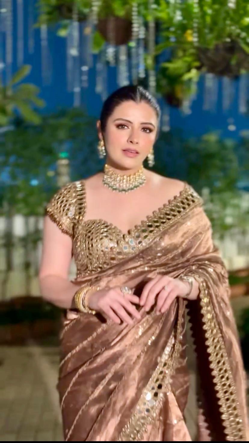 Soft satin Organza saree which is embedded with real mirror work