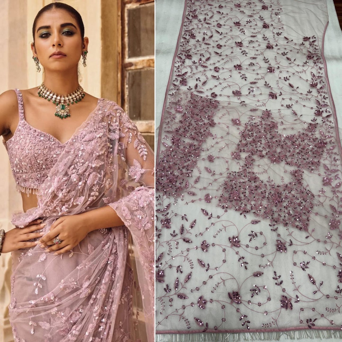 Pink net saree