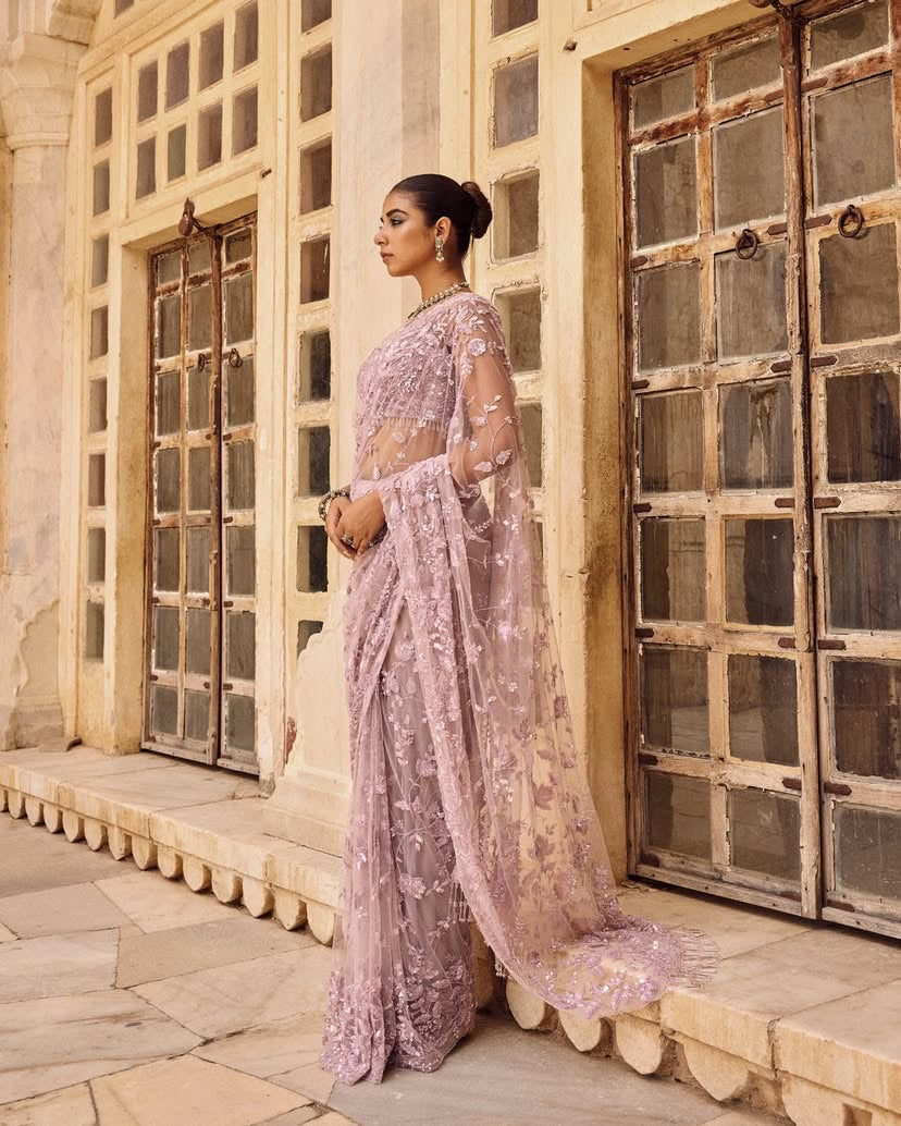 Pink net saree
