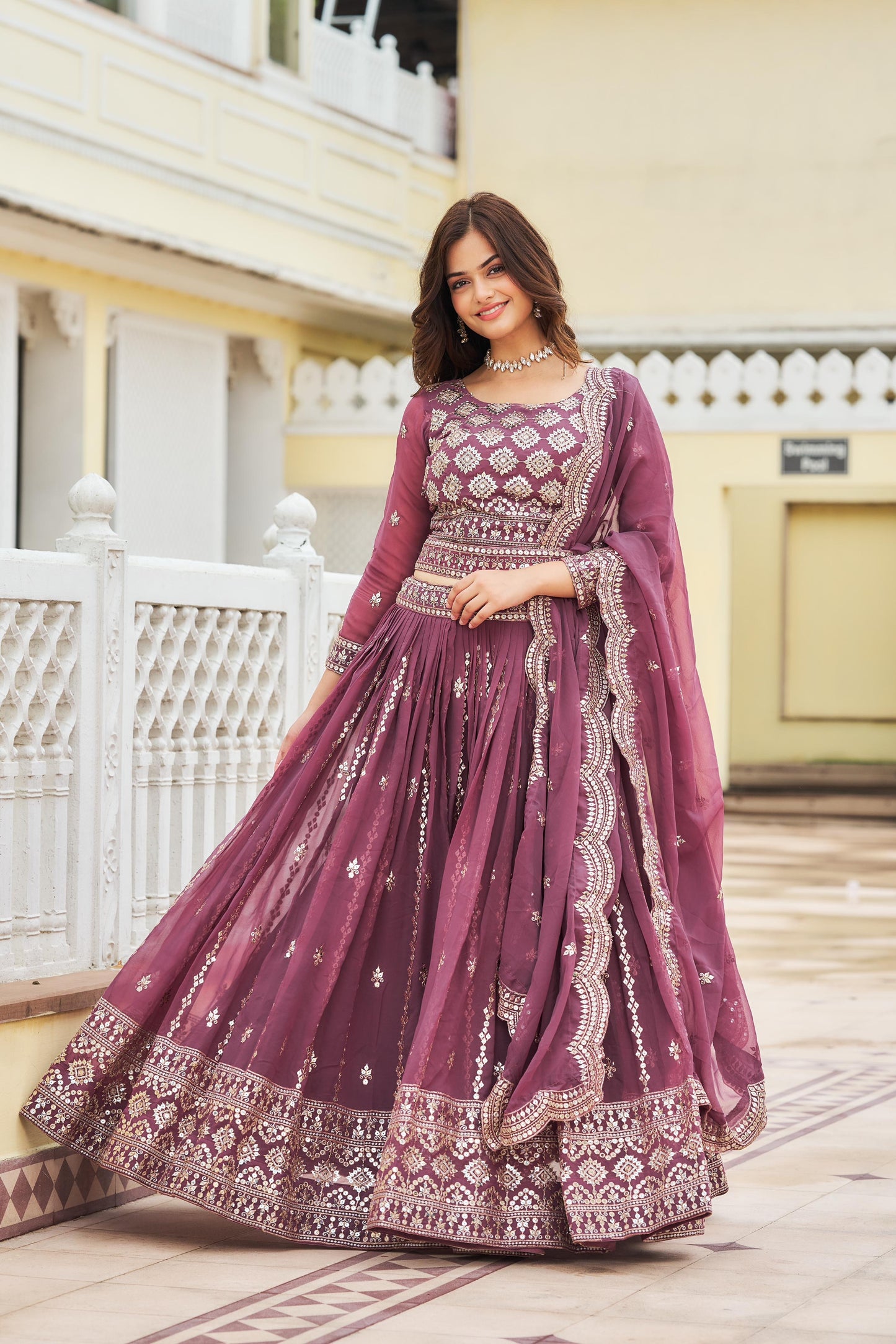 Georgette Lehnga chilli Dupatta with belt