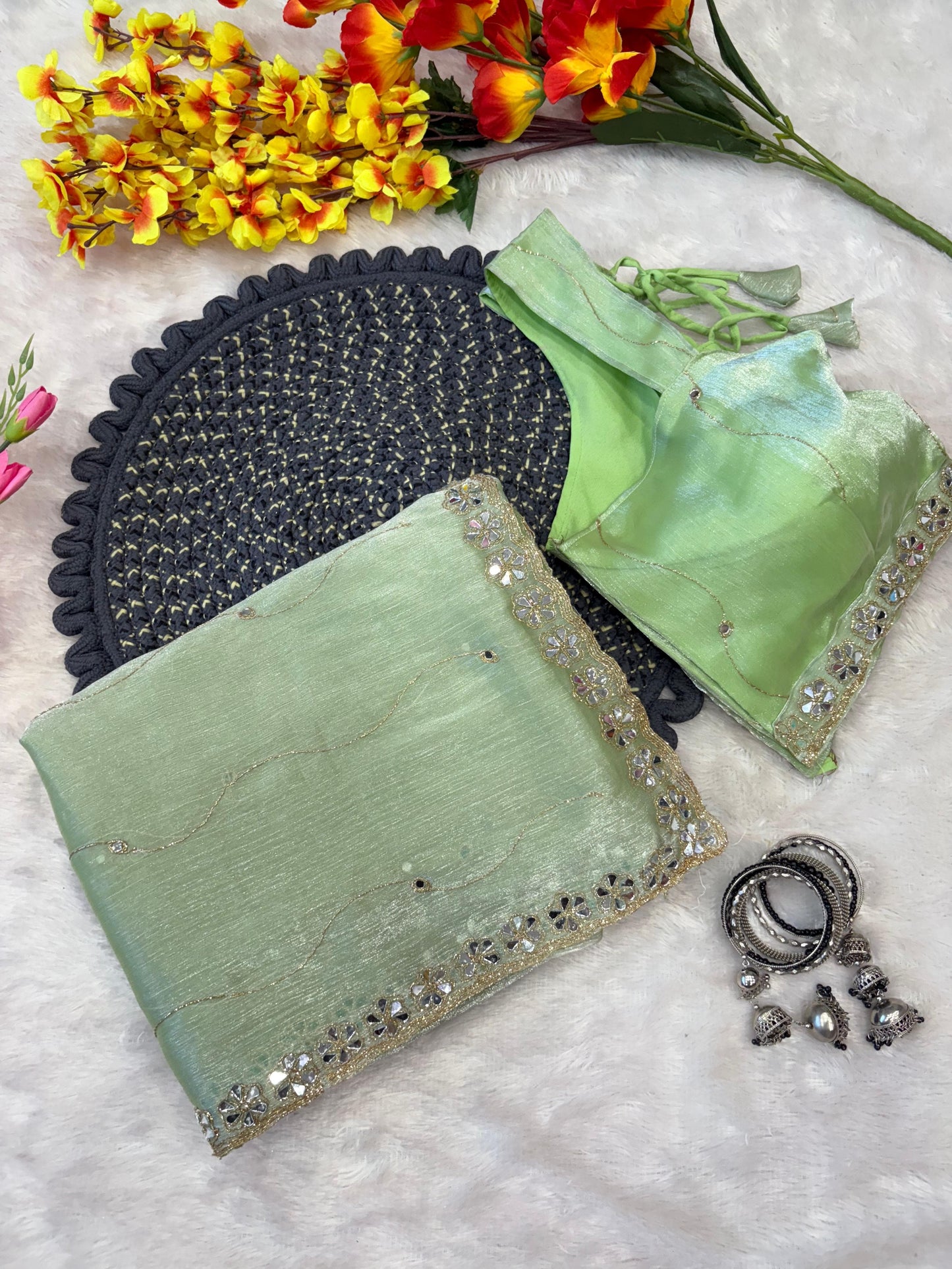 Jimmy Chu Silk Embellished With Beautiful Glitter Dori Work And Real Mirror Work