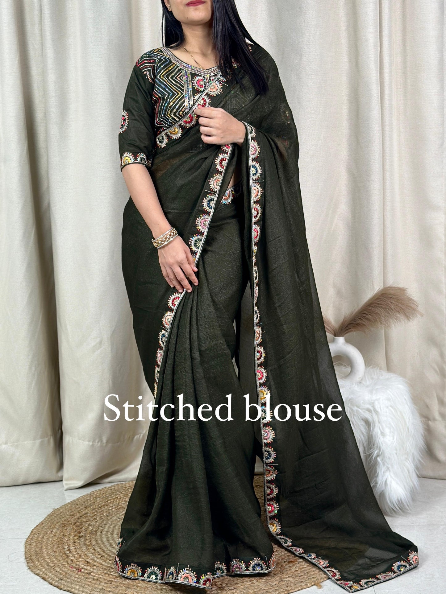 solid crush effect saree with Embroidered lace & stitched blouse