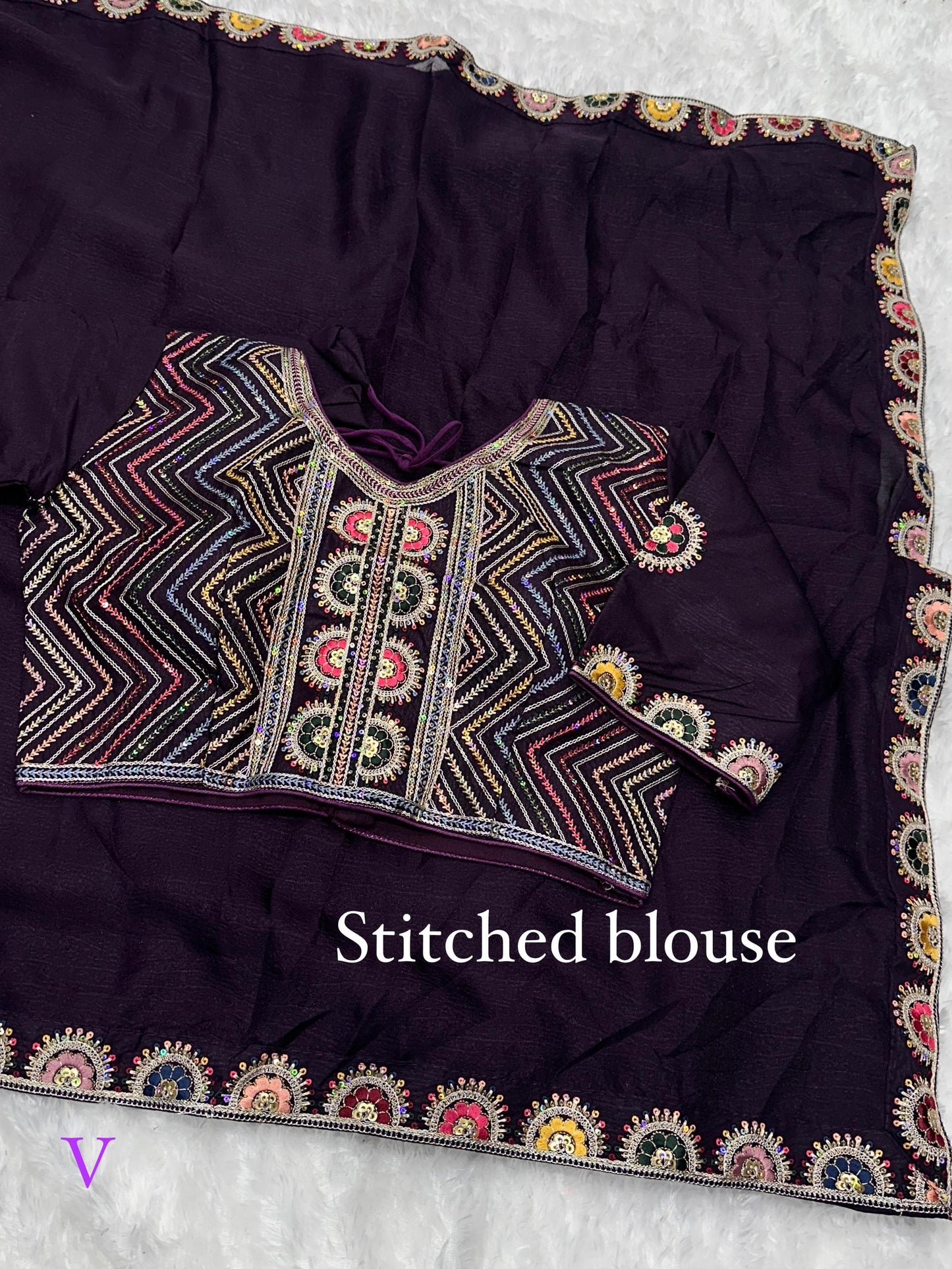 solid crush effect saree with Embroidered lace & stitched blouse