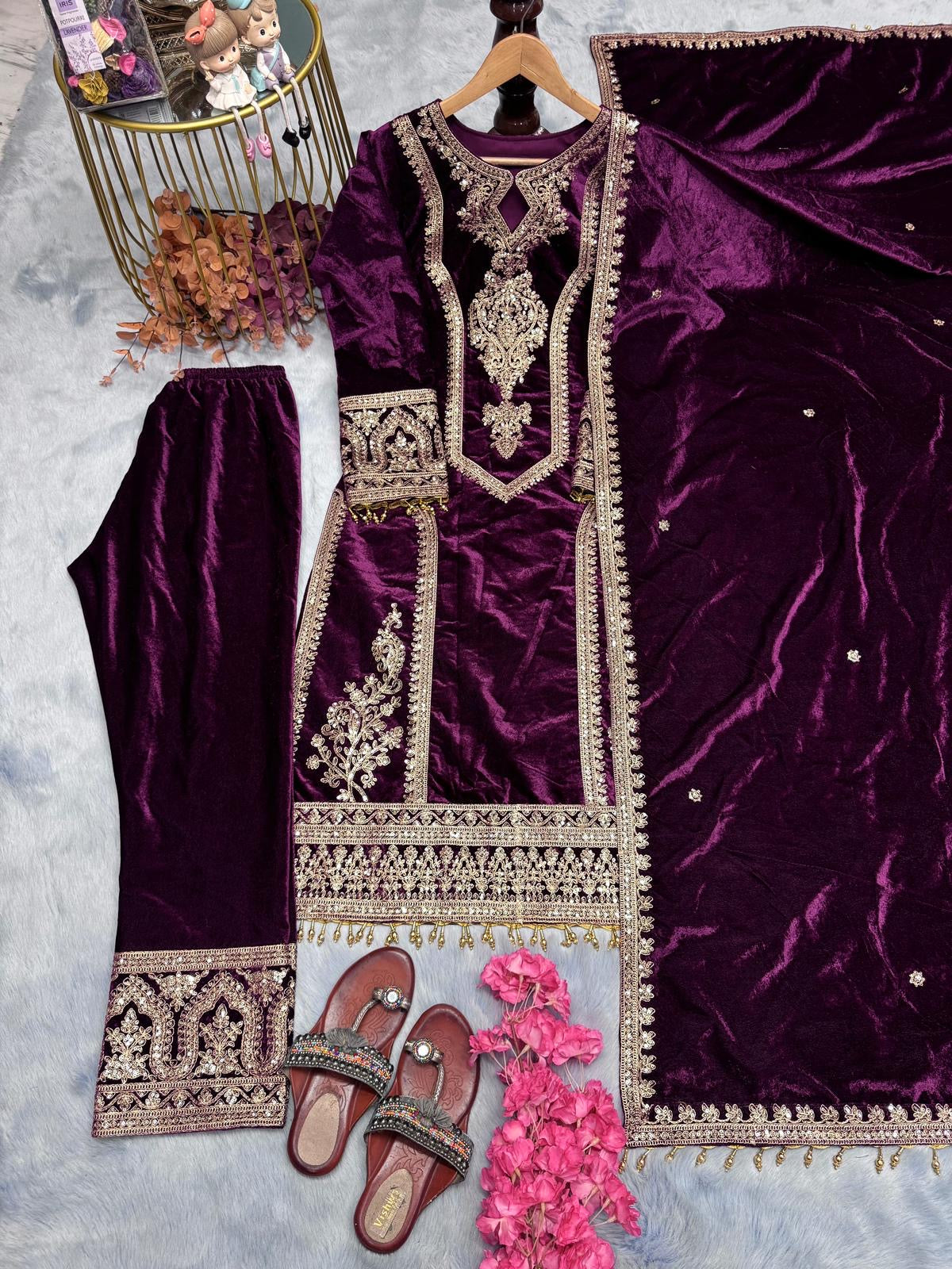 Viscose Velvet Top Plazzo & Dupatta Set
