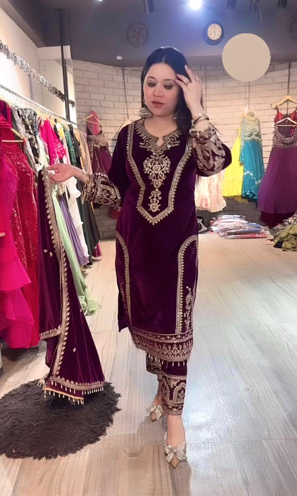 Viscose Velvet Top Plazzo & Dupatta Set