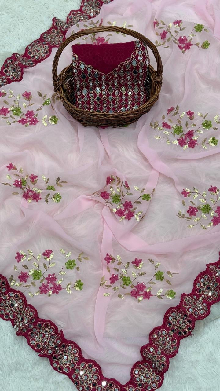 Georgette saree in sequence with Original Mirror