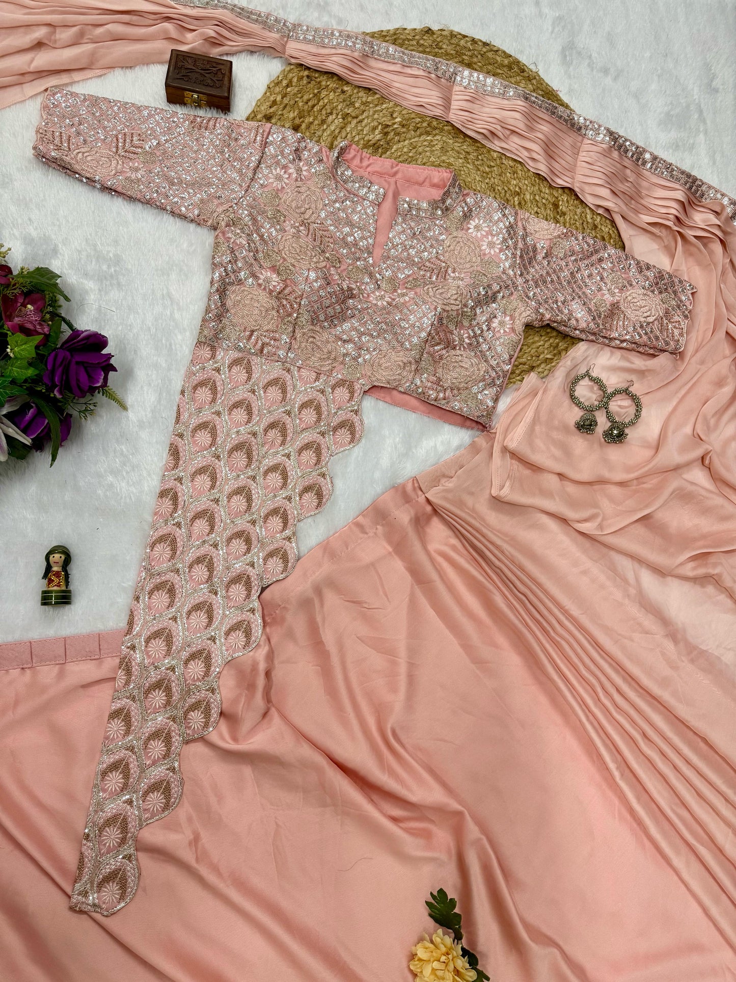 READY TO WEAR SAREE WITH FULLY EMBROIDERED STYLIST BLOUSE ON CHINON FABRIC