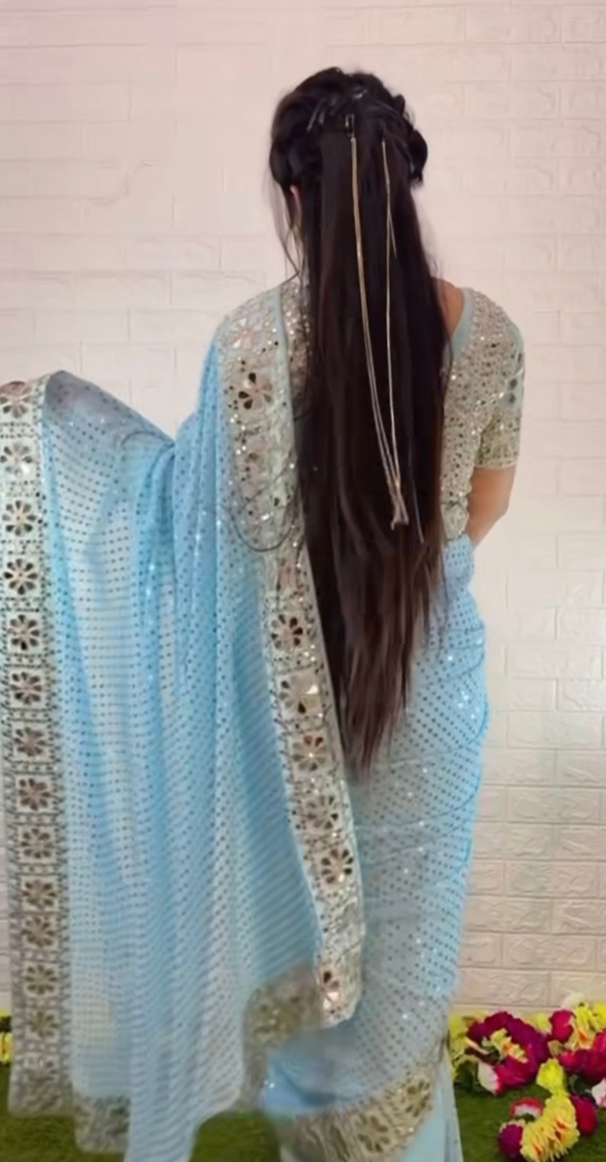 Sky blue mirror work saree with heavy mirror work on blouse