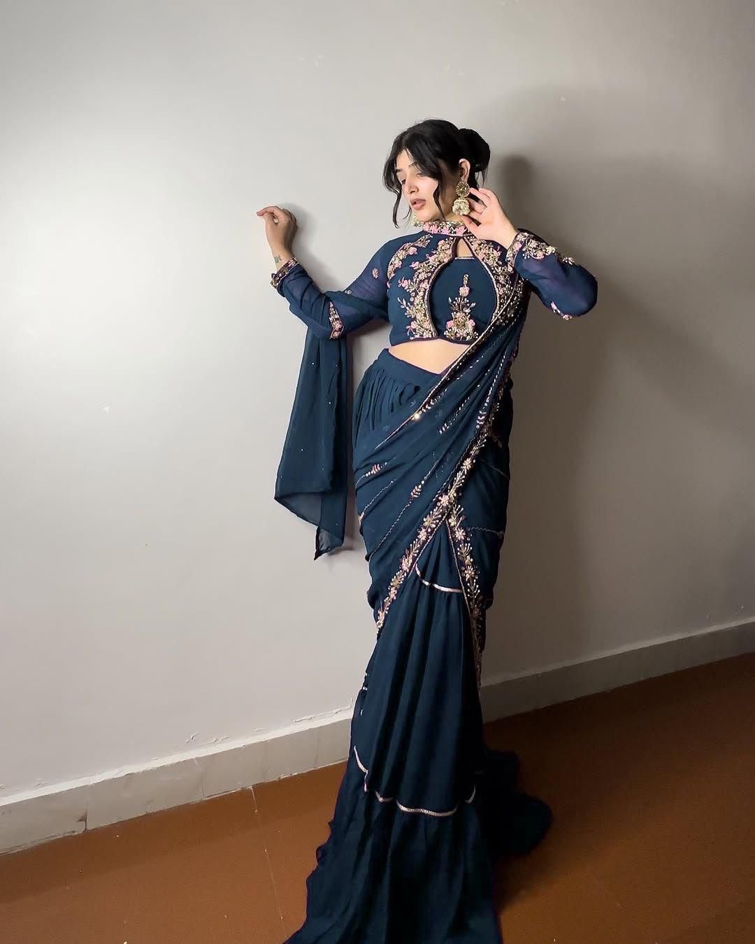 FANCY PARTY WEAR FAUX GEORGETTE LEHENGA SAREE WITH HEAVY WORK BLOUSE