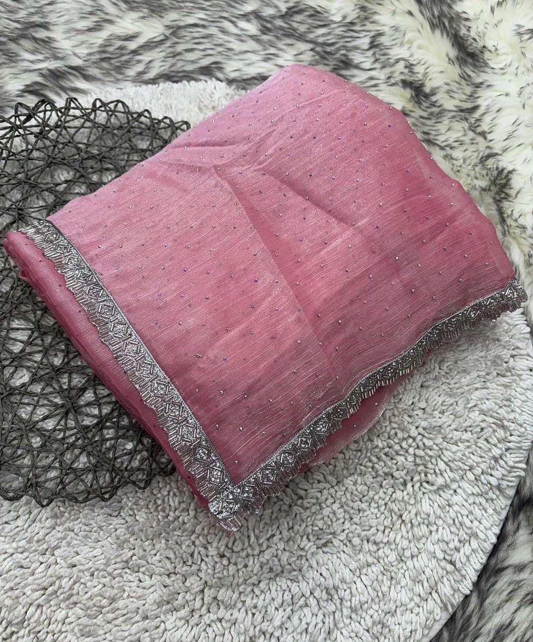 Pink Zimmy Choo Silk Saree with Cutwork Border