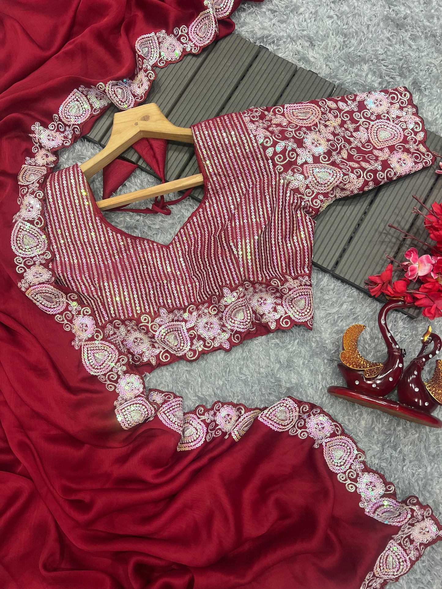 Satin Chiffon saree with Sequins embroidery work