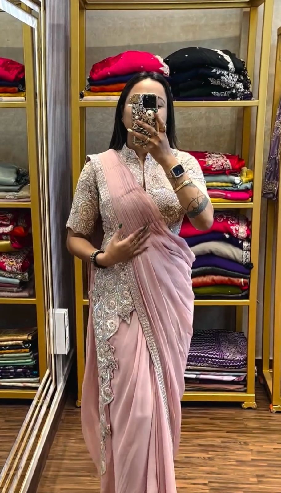 READY TO WEAR SAREE WITH FULLY EMBROIDERED STYLIST BLOUSE ON CHINON FABRIC