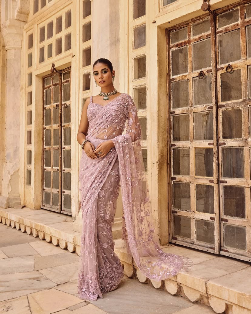 Pink net saree