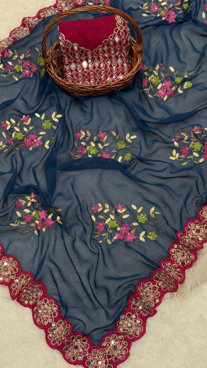 Georgette saree in sequence with Original Mirror