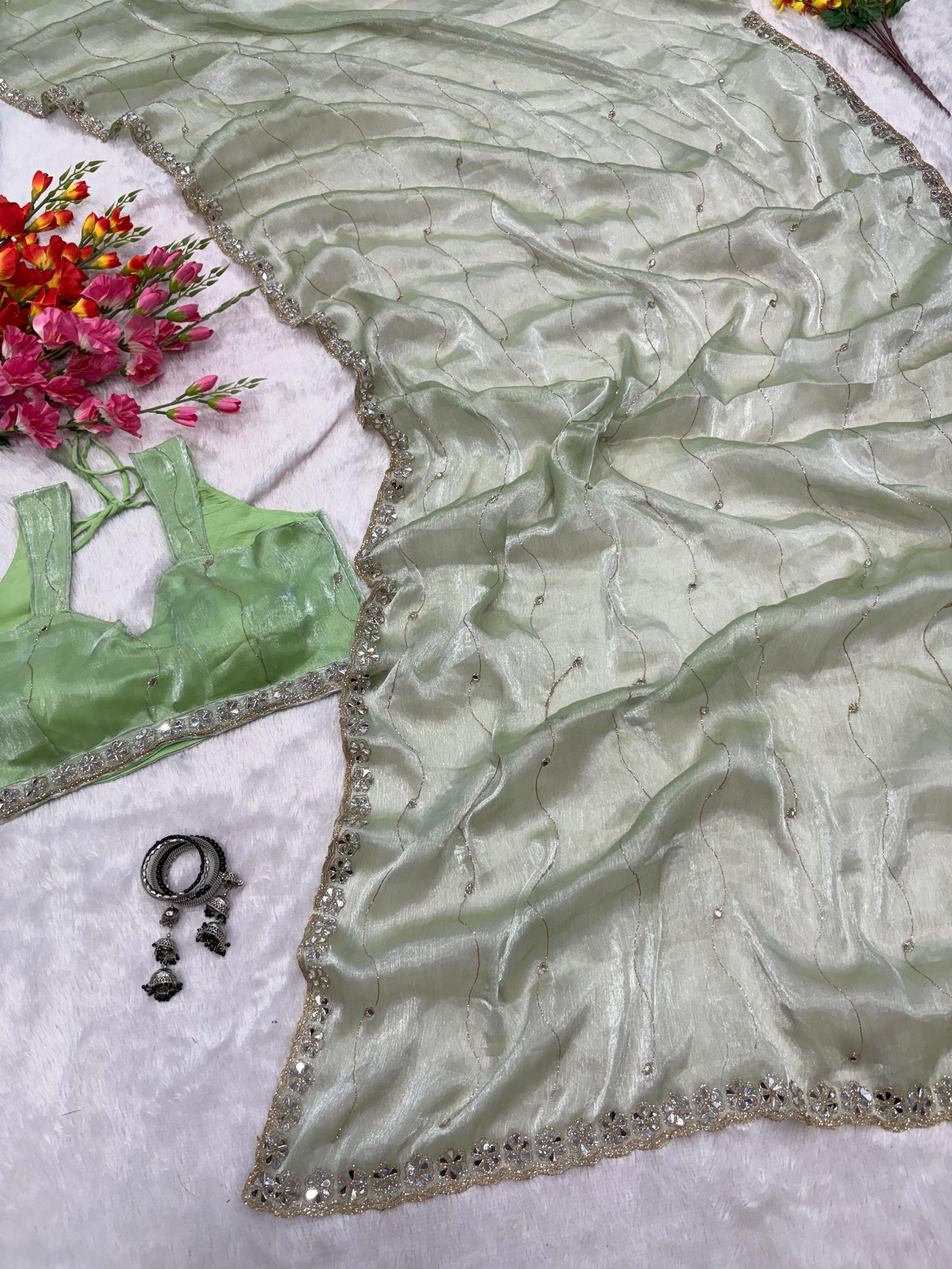 Jimmy Chu Silk Embellished With Beautiful Glitter Dori Work And Real Mirror Work