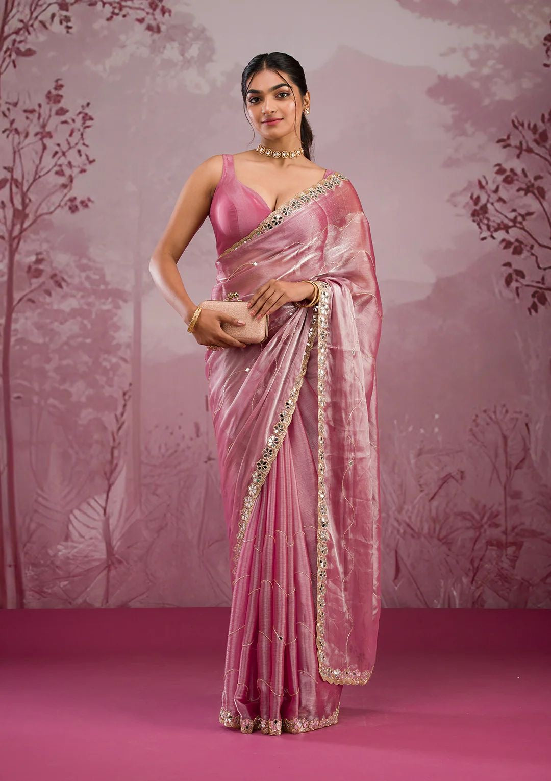 Jimmy Chu Silk Embellished With Beautiful Glitter Dori Work And Real Mirror Work